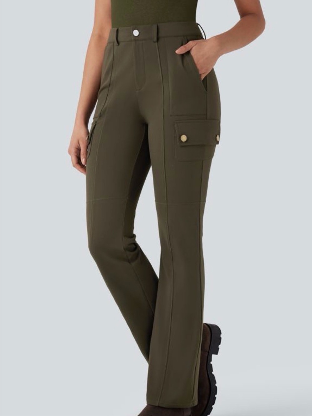 Olive Cargo Flare Pants - Women's Stretch Utility Trousers